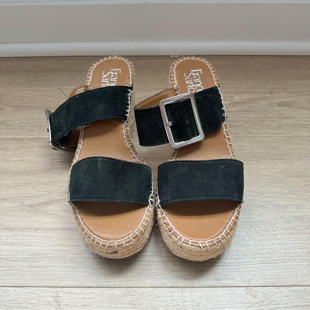 Franco Sarto Black Suede Espadrille Slide Sandals with Buckle